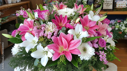 Boquet of pastel pinks, fuschia, whites, and fuschias in Easter colors photo