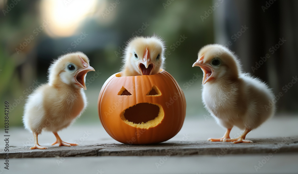 Chick mimicking a carved pumpkin. Funny Halloween concept on blurred farm backdrop and hilarious chickens gawking in wonder and disbelief.