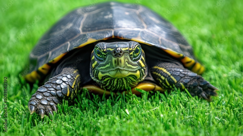 Fototapeta premium turtle with curious eyes, resting on a bright green grass background under daylight