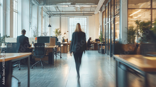 Corporate employees working in a co-working open space walking in motion, sharing desks. Concept of an office rush at the end of a busy working day. Horizontal banner image for website design