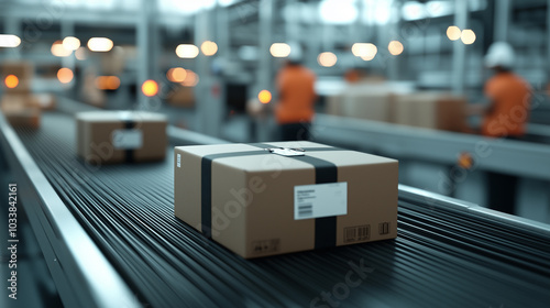 Automated warehouse with conveyor sorting packages, showcasing efficiency and modern logistics. Workers in background contribute to seamless operation of package handling