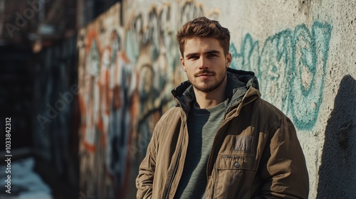 Young man in a casual jacket standing in front of a graffiti-covered wall, urban street setting, moody lighting with slight shadow