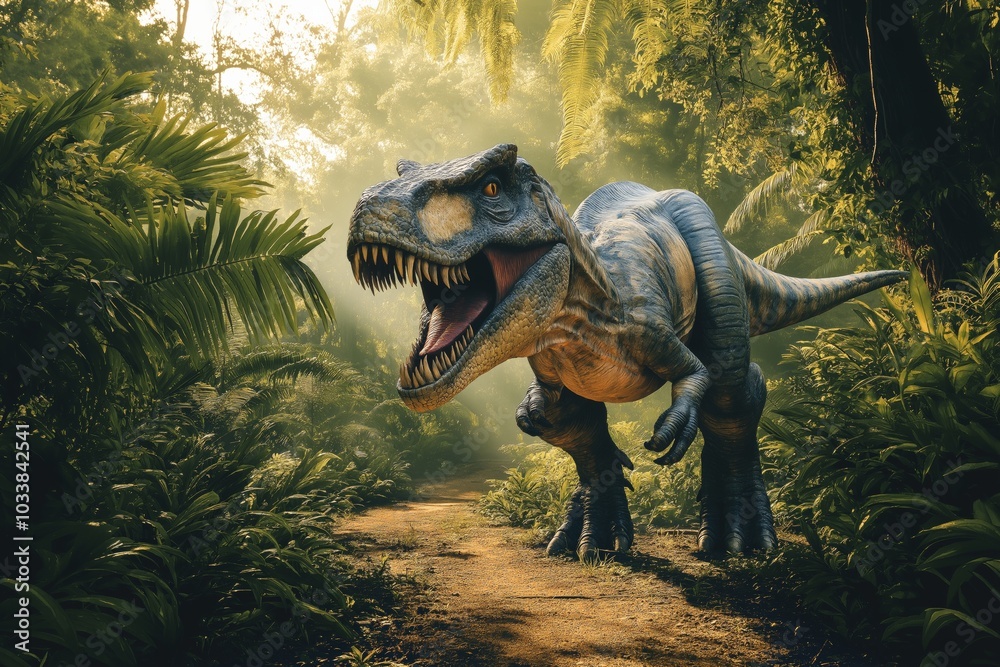 Fototapeta premium A large T-Rex is walking through a forest. The dinosaur is looking at the camera and he is in a playful mood