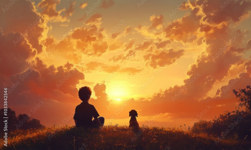 Child and Dog Watching Serene Sunset on a Hill Child and Dog Watching Serene Sunset on a Hill