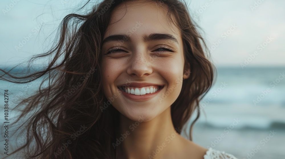 Happy woman with wavy hair enjoying time by the seaside, clean and minimalistic image with ample copy space. Happy woman with wavy hair enjoying time by the seaside, clean and minimalistic image with ample copy space.