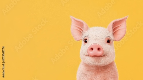 A cute pig with a friendly expression against a bright yellow background.