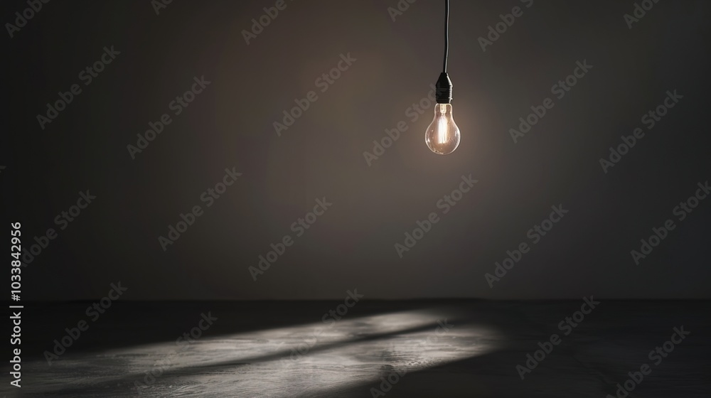 Dark empty room with single flickering light bulb casting long shadows, emphasizing absence of power and eerie atmosphere, minimalist setting with focus on light bulb's glow. Dark empty room with single flickering light bulb casting long shadows, emphasizing absence of power and eerie atmosphere, minimalist setting with focus on light bulb's glow.