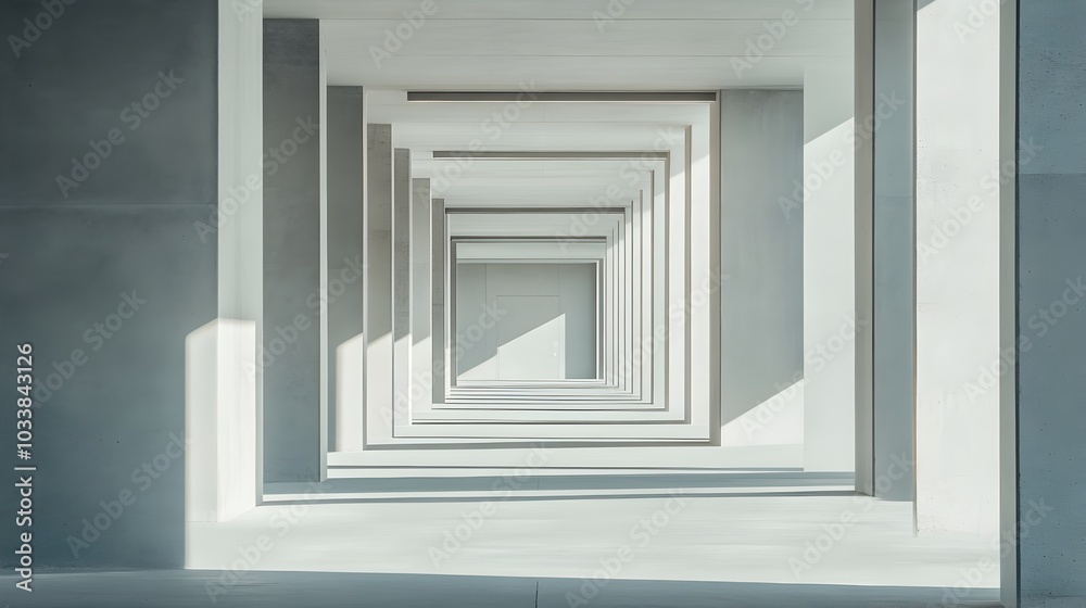 Fototapeta premium Minimalist Architectural Corridor with Repeating Geometric Patterns and Vanishing Perspective