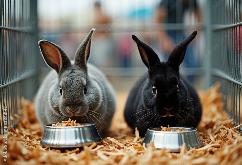 Two Rabbits Eating in a Cage .