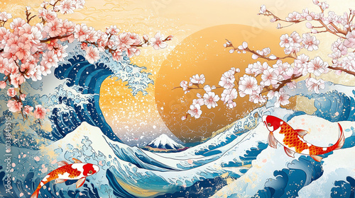 Wallpaper Mural Oriental style background modern with Sakura flower, ocean wave, and koi carp fish in a luxury style. This design is a modern illustration with a Chinese oriental style. Torontodigital.ca