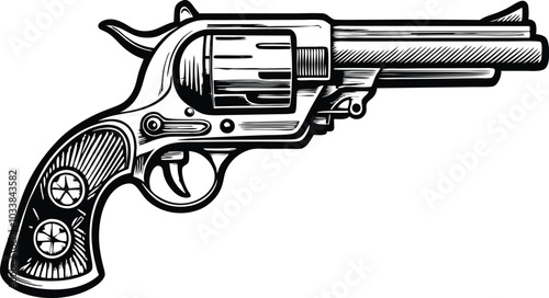 Black and White Engraving of an Old Cowboy Gun on White Background