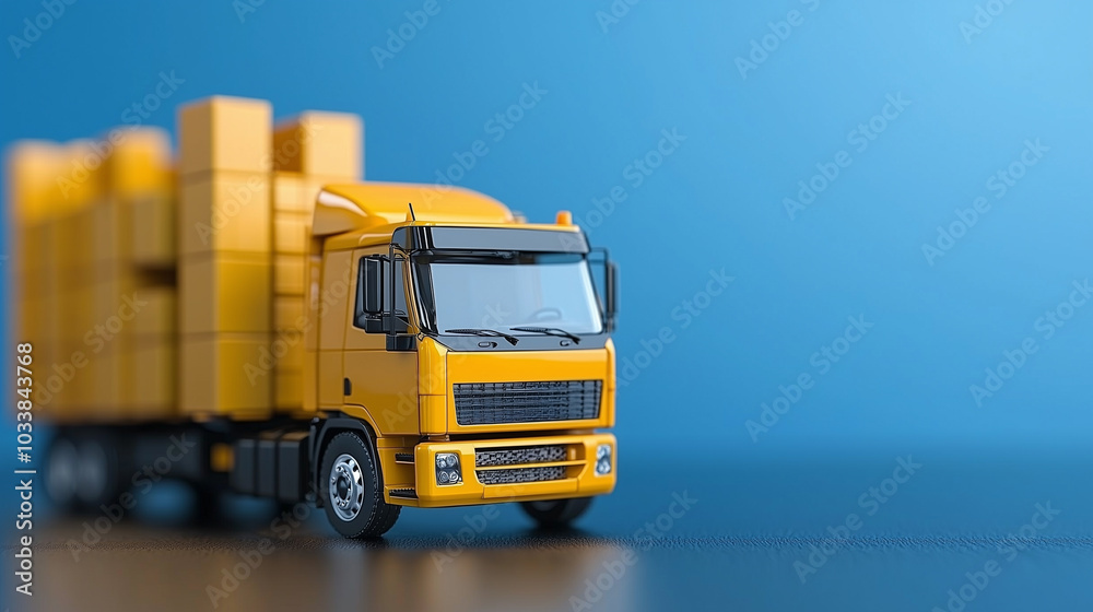 detailed model of yellow truck with cargo boxes, showcasing its design and structure against blue background. This captures essence of transportation and logistics