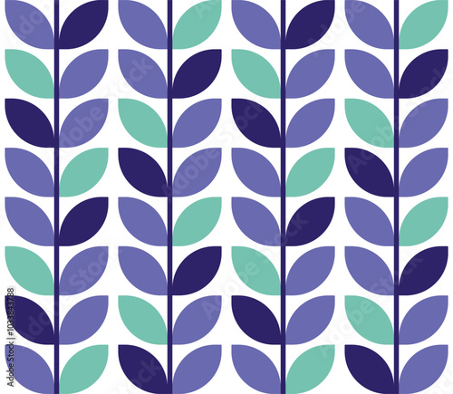 Retro mod leaves very peri purple Raster Pattern. Midcentury style geometric stems periwinkle purple mint green seamless pattern.