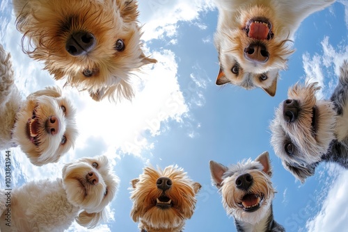 Group Of Happy Dogs Looking Down In A Circle Against Blue Sky
 photo