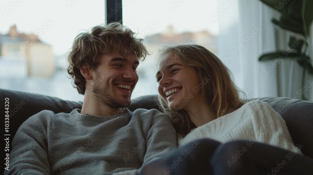 Smiling young man sharing a laugh with his girlfriend while watching a movie on a couch, large windows in the background with natural light Smiling young man sharing a laugh with his girlfriend while watching a movie on a couch, large windows in the background with natural light