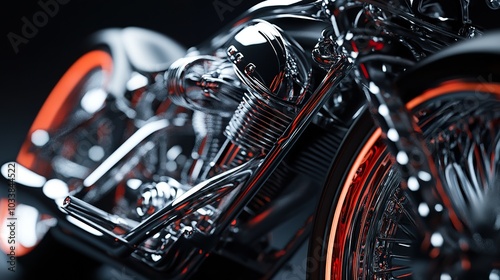 Close-up of a shiny chrome motorcycle engine with orange accents.