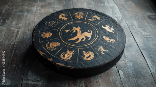 Chinese zodiac wheel painted on a round, aged wooden plaque photo