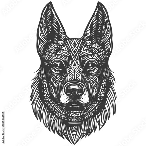 German Shepherd Dog Head with Tribal Geometric Pattern