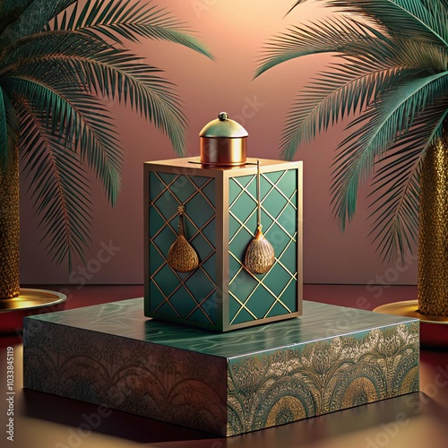 A picture of a 3d luxury pattern box with a bottle of perfume on a table with a plant in the background unique feelings Arabian with a palm tree.