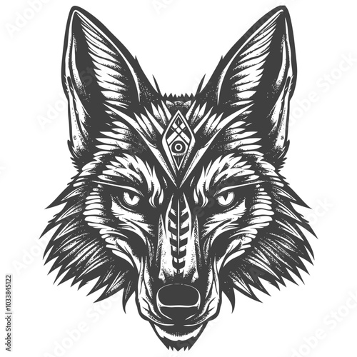 Geometric Tribal Wolf with Third Eye and Intricate Design