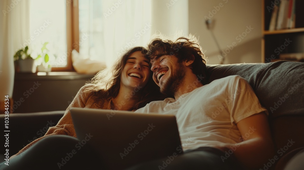 Young couple on a couch, the man is laughing while holding a laptop, woman leaning on his shoulder, cozy living room with soft morning light Young couple on a couch, the man is laughing while holding a laptop, woman leaning on his shoulder, cozy living room with soft morning light