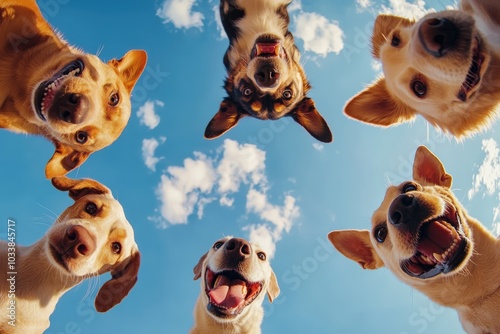 Group Of Happy Dogs Looking Down In A Circle Against Blue Sky
 photo