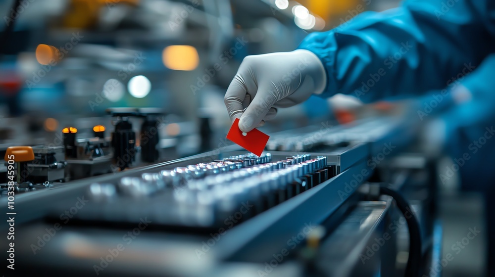 A close-up of a gloved hand placing a red component on a conveyor belt in a modern manufacturing facility. A close-up of a gloved hand placing a red component on a conveyor belt in a modern manufacturing facility.