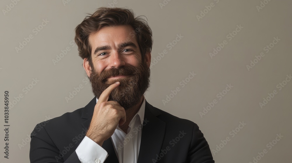 Bearded man in a business suit, smiling with hand on chin, neutral background, studio lighting Bearded man in a business suit, smiling with hand on chin, neutral background, studio lighting