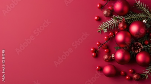 Christmas decorations with red ornaments and evergreen branches on a red background.