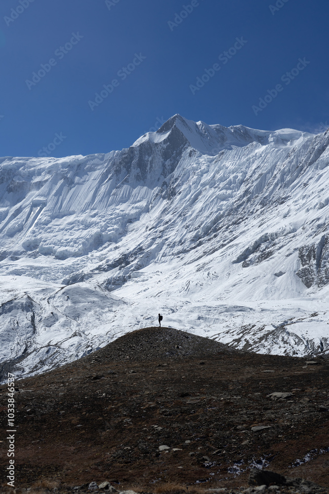 Fototapeta premium A lone hiker stands on a hilltop, gazing at the majestic snowy mountain in the background.