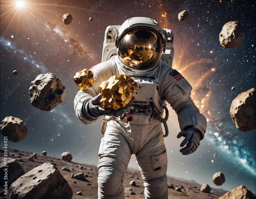 Fototapeta premium Asteroid Miner Astronaut holding a huge gold nugget that promises infinite gold and riches