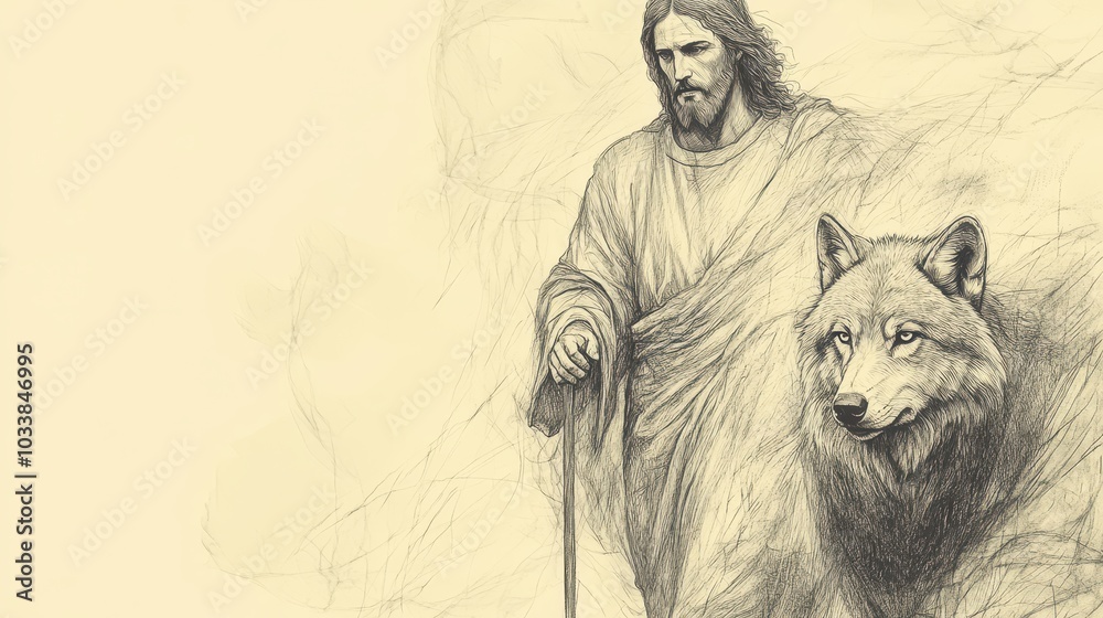 Fototapeta premium A wolf lurks in the shadows its eyes glinting ready to attack the flock But the Good Shepherd stands resolute staff in hand ready to defend his sheep from the predator