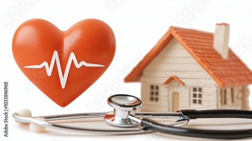 Heart shape and stethoscope near small house model, symbolizing health and home .