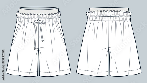 Short Pants technical fashion illustration. Sport Shorts fashion flat technical drawing template, elastic waist, drawstring, pockets, front and back view, white, women, men, unisex CAD mockup.