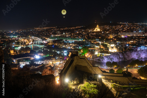 Panoramic view of Tbilisi city from Narikala fortress after the sunset