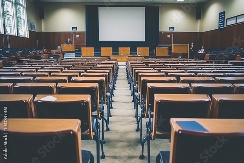 Empty Lecture Hall with Wooden Desks and Chairs