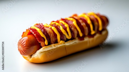 A crispy baconwrapped hot dog with mustard