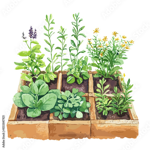 Watercolor Herb Garden Illustration - Botanical Art