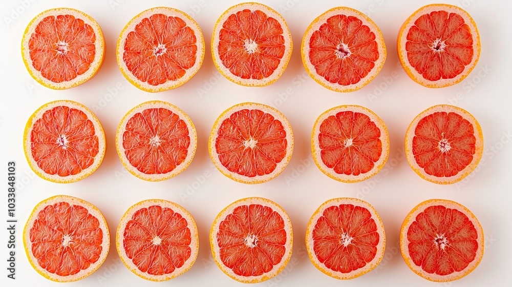 Numerous fresh grapefruit slices laid out in a perfect grid, top view, vibrant citrus colors popping against a white background Numerous fresh grapefruit slices laid out in a perfect grid, top view, vibrant citrus colors popping against a white background