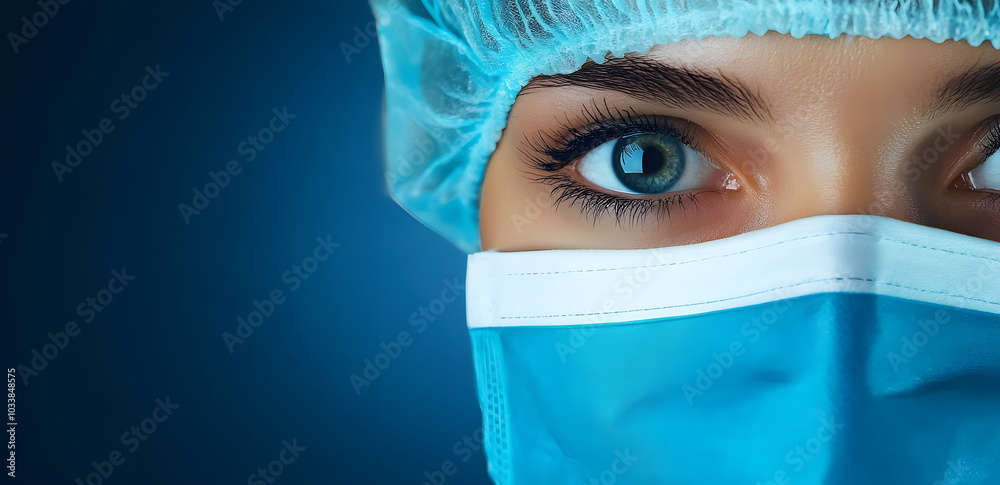 Surgeon close up shot with blue backgound Surgeon close up shot with blue backgound