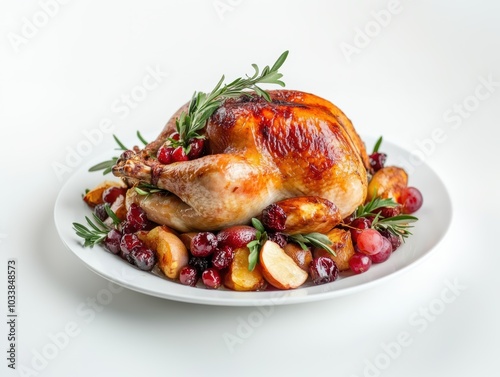 roast turkey and all the fixings on a white dinner plate with shadows