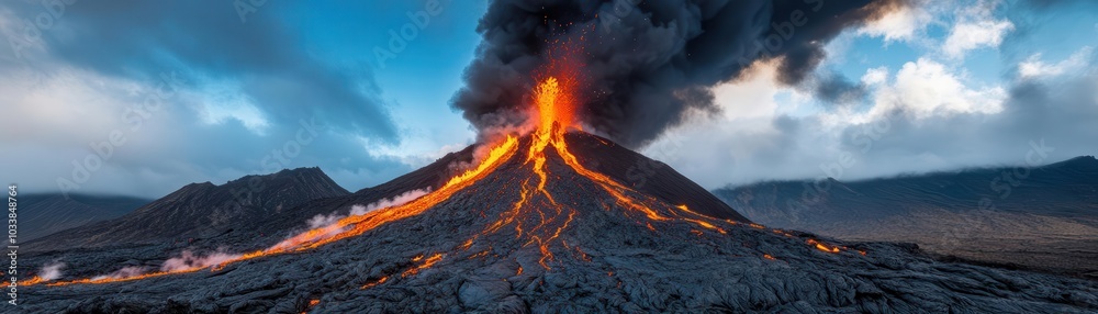 Dramatic volcanic landscape with an active volcano spewing lava Dramatic volcanic landscape with an active volcano spewing lava