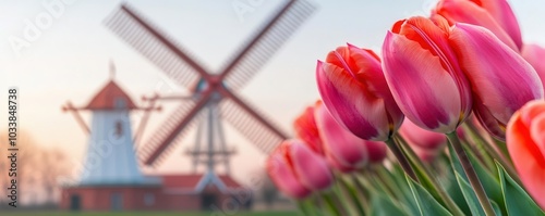 Close-up of blooming tulips with a windmill in the background, focus on the vivid flowers, peaceful and romantic atmosphere, clear sky, copy space for botanical and scenic themes