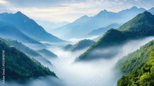 Foggy mountain landscape with peaks barely visible