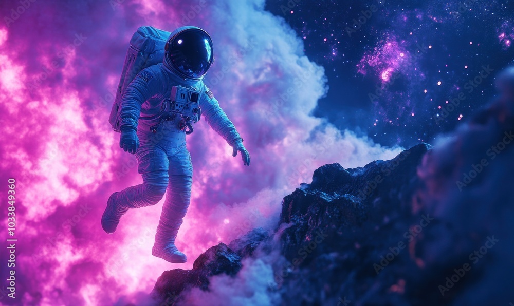 Fototapeta premium Astronaut Floating in Colorful Cosmic Clouds