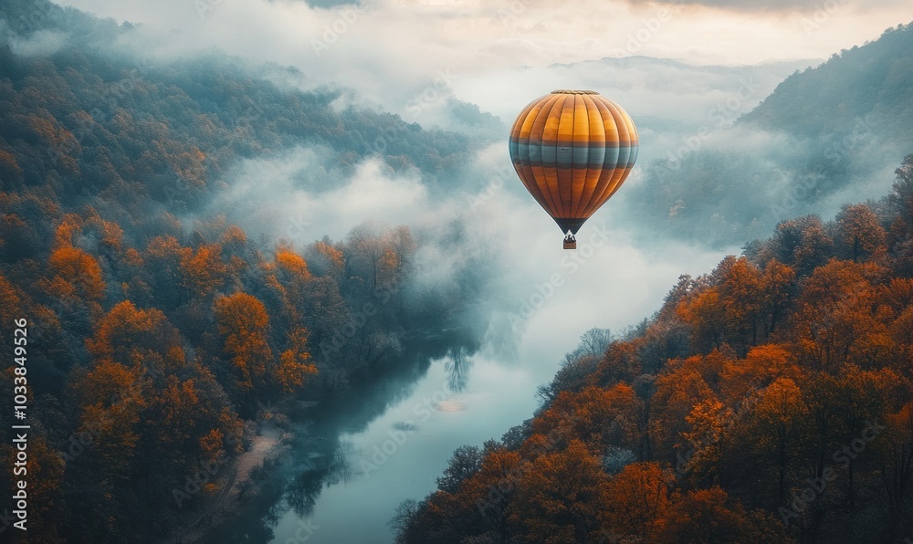 Obraz premium Hot Air Balloon Over Autumn Forest and River at Dawn