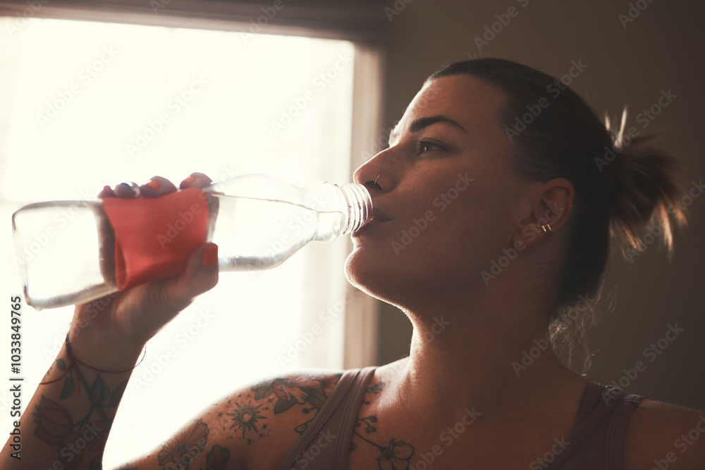 Fitness, drinking and woman with water in home with break for workout, training or health challenge. Sports, wellness and female person enjoying drink for natural hydration on detox or diet at house. Fitness, drinking and woman with water in home with break for workout, training or health challenge. Sports, wellness and female person enjoying drink for natural hydration on detox or diet at house.