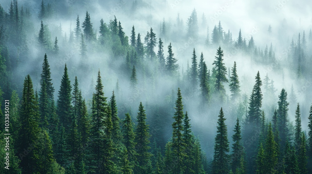 Obraz premium Dreamlike Fog Embracing a Lush Spruce Forest