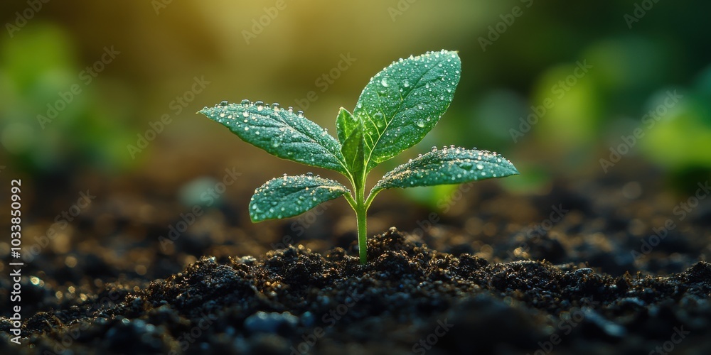 Fresh Seedling with Dewdrops Growing in Soil
Fresh Seedling with Dewdrops Growing in Soil