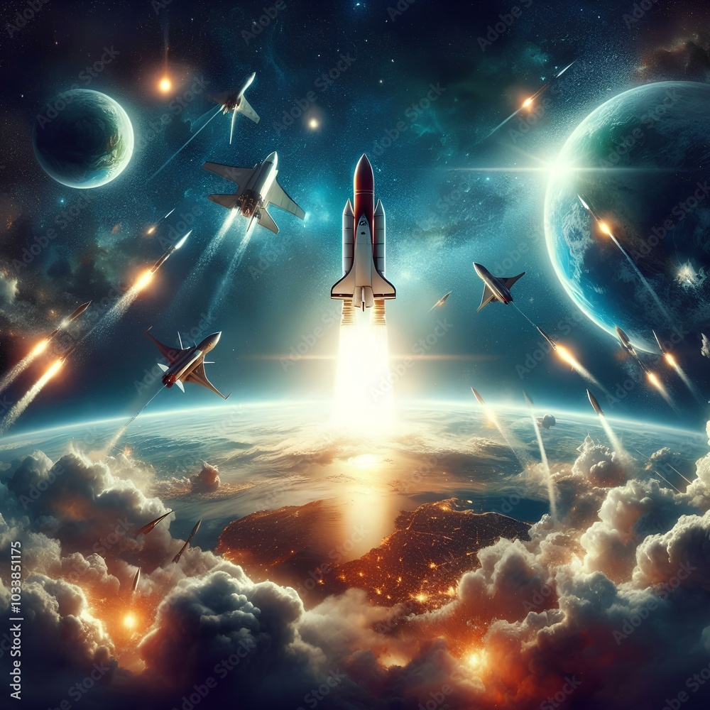 Fototapeta premium Rocket ships are launched into space from Earth.